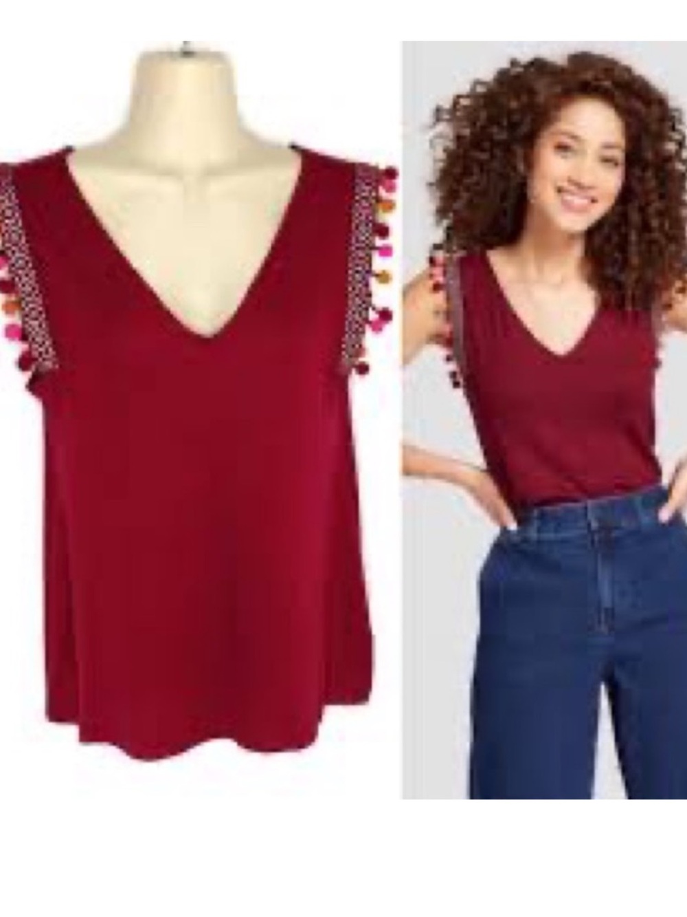 A New Day Pom Pom Trim Sleeveless Tank Top Burgundy Boho Festival Large